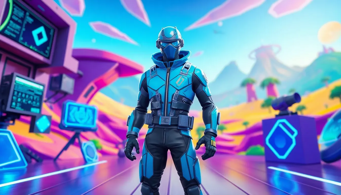 Cobalt Skin character in a vibrant Fortnite game setting.