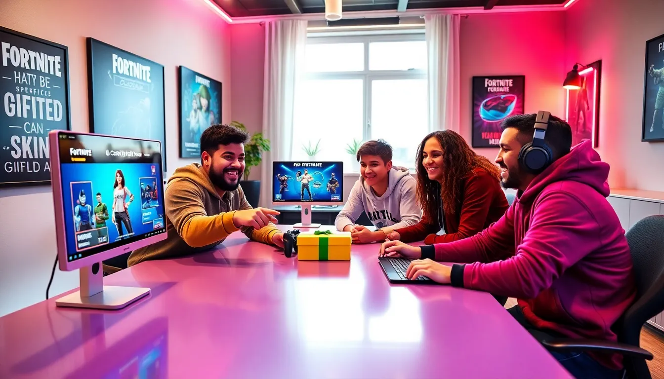 friends gifting Fortnite skins in a modern gaming setup.