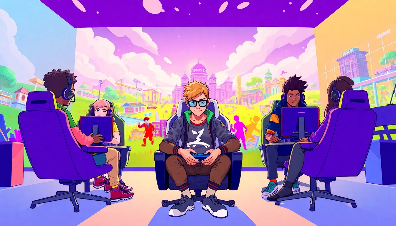 players in colorful Fortnite world with a character resembling Sukuna.