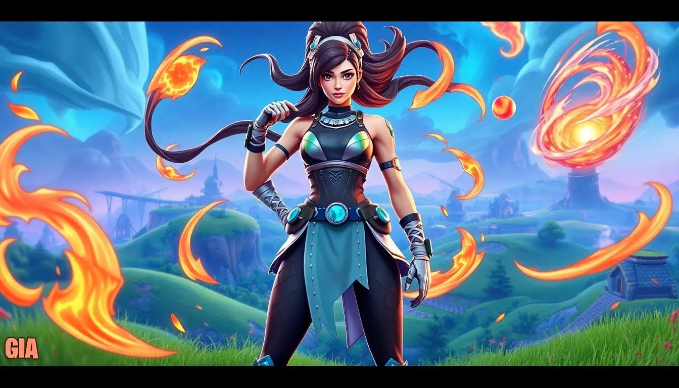 Gia from Fortnite using her elemental powers in a vibrant battlefield.