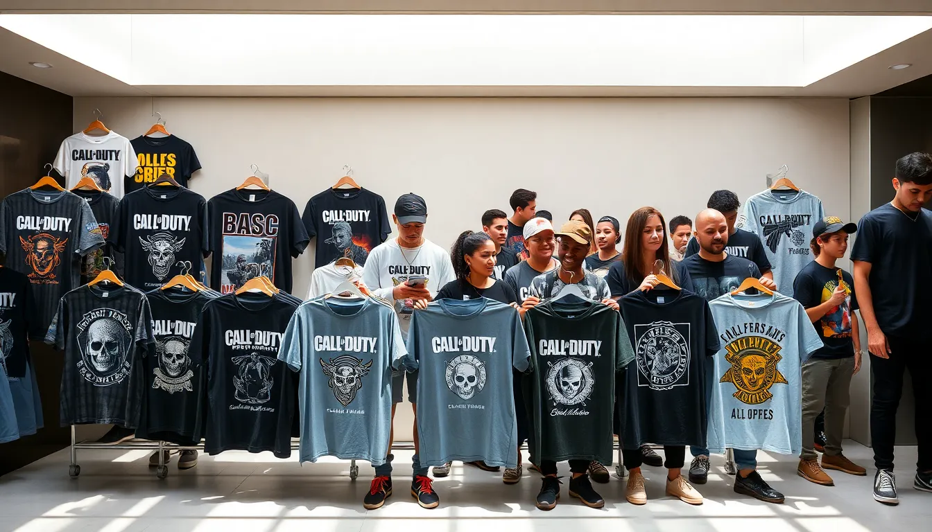 diverse fans admiring Call of Duty shirts in a modern setting.