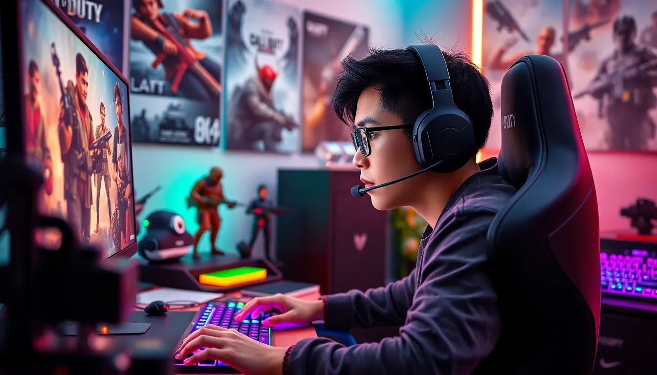 gamer in a modern setup with Call of Duty merchandise.