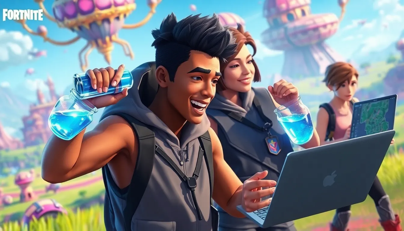 diverse gamers using a shield potion in a colorful Fortnite-inspired landscape.