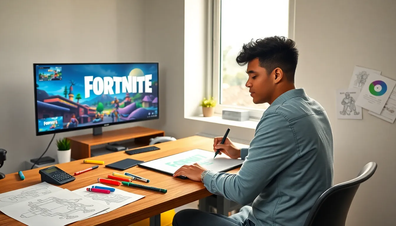 Artist drawing the Fortnite logo in a bright, modern workspace.