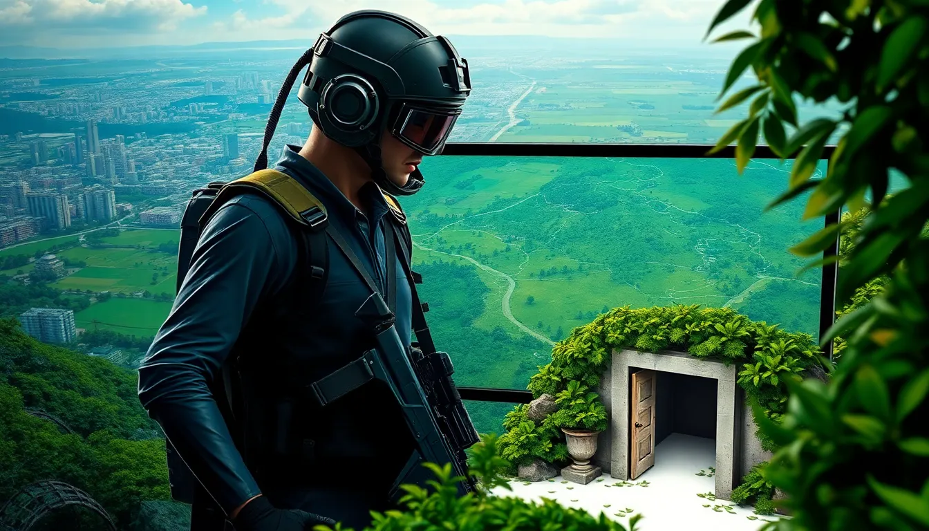 tactical gamer studying the PUBG Taego map with urban and lush landscape.