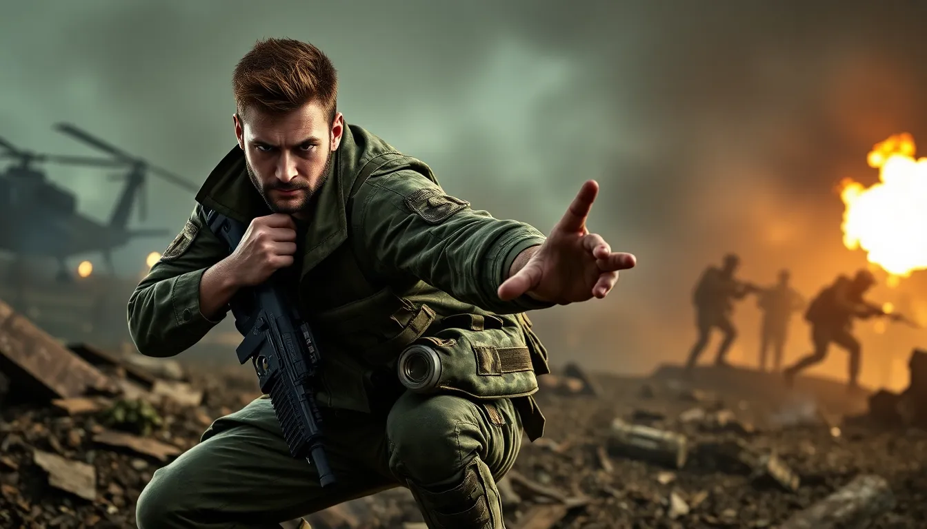 Alex Mason in military gear in a war-torn environment.