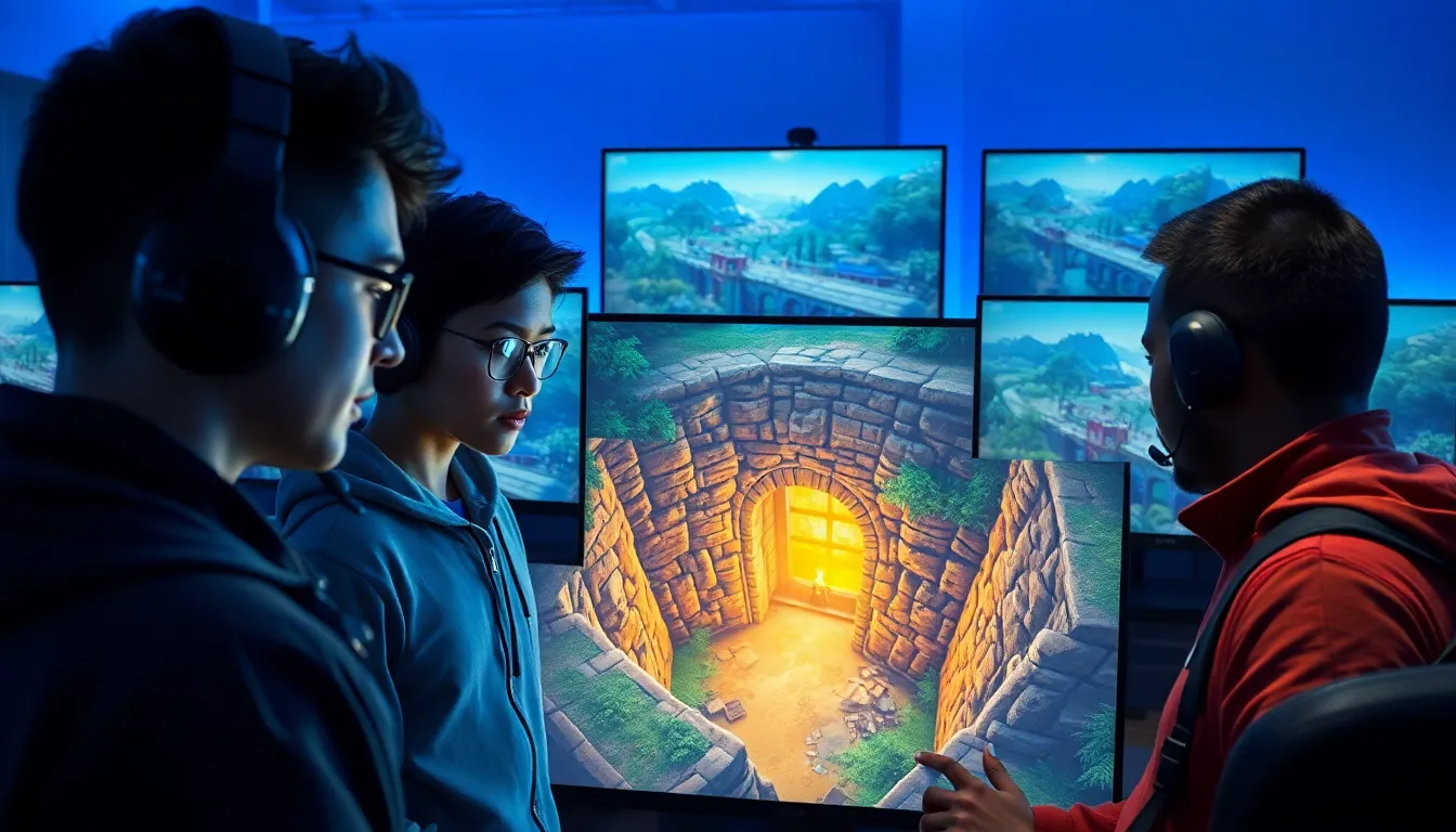 diverse gamers strategizing in front of an Erangel game map.